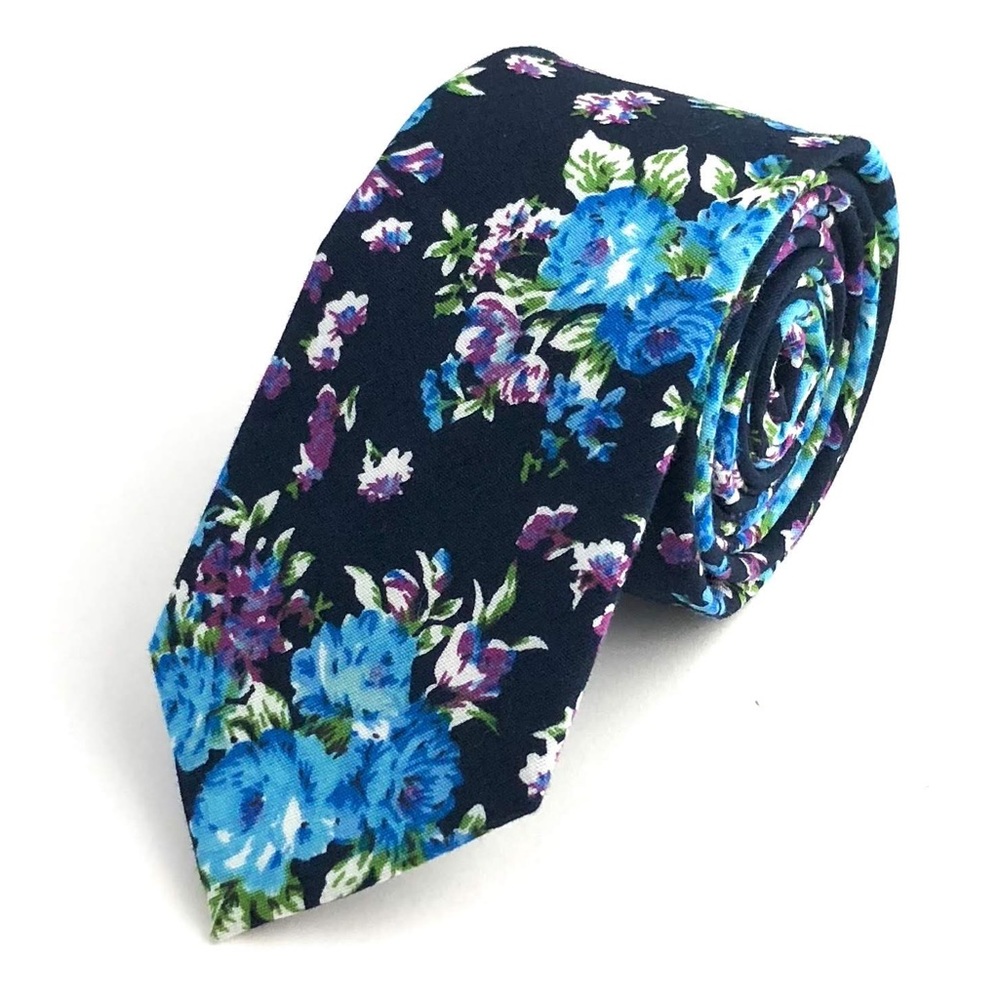 Men's Dark Navy Bohemian Floral Necktie Slim Width Wedding Party Tie